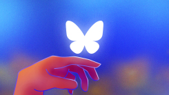An illustration of a hand held up and the Bluesky butterfly logo hovering above it as if to land