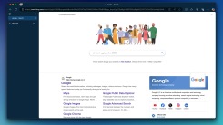 An address bar search for "Google" using Microsoft Edge browser, which loads the result in Bing, but shows a spoofed Google UI replete with a doodle and a similar layout, including trending results.