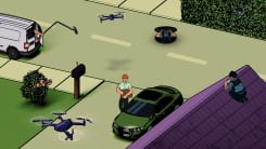 An illustration of a neighborhood scene: a man is coming home and exiting his car, aprked in a driveway. Various methods of police surveillance, from a flying drone to an undercover officer watching from his roof, can be seen surrounding him