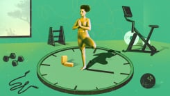 A photo illustration of a woman standing in the center of a clock striking a yoga pose, surrounded by workout equipment