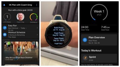 screenshots of two different 5K plans (both targeting a 24:00 pace) and, between them, a Garmin watch showing the phases of the upcoming plan