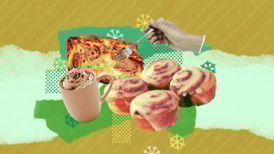 A collage of breakfast foods (an egg casserole, a coffee with whipped cream, and a plate of cinnamon rolls
