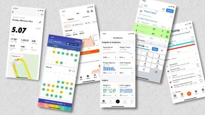 Screenshots from Nike Run Club, Bearable, Strava, MacroFactor, Hevy, and Cronometer