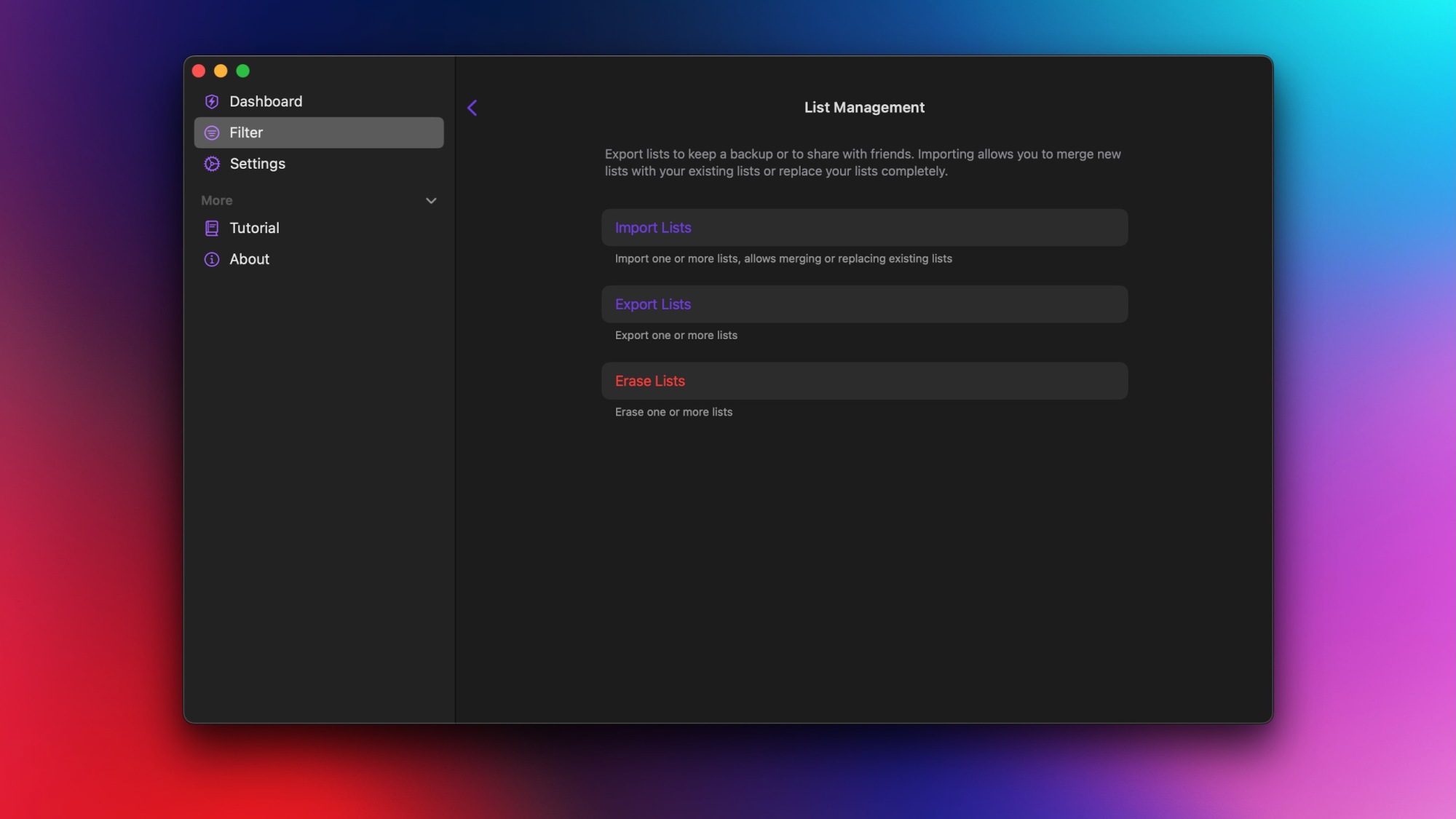 The List Management tab in Protego, where you can import and export blocklists created in the app.