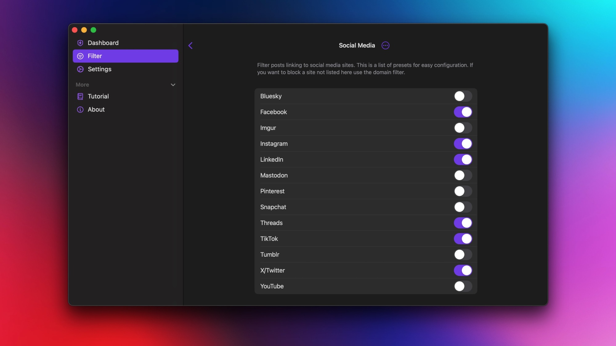 Protego's social media blocklist page in its Mac app. It lists popular social networks and has a toggle next to each name in the list.