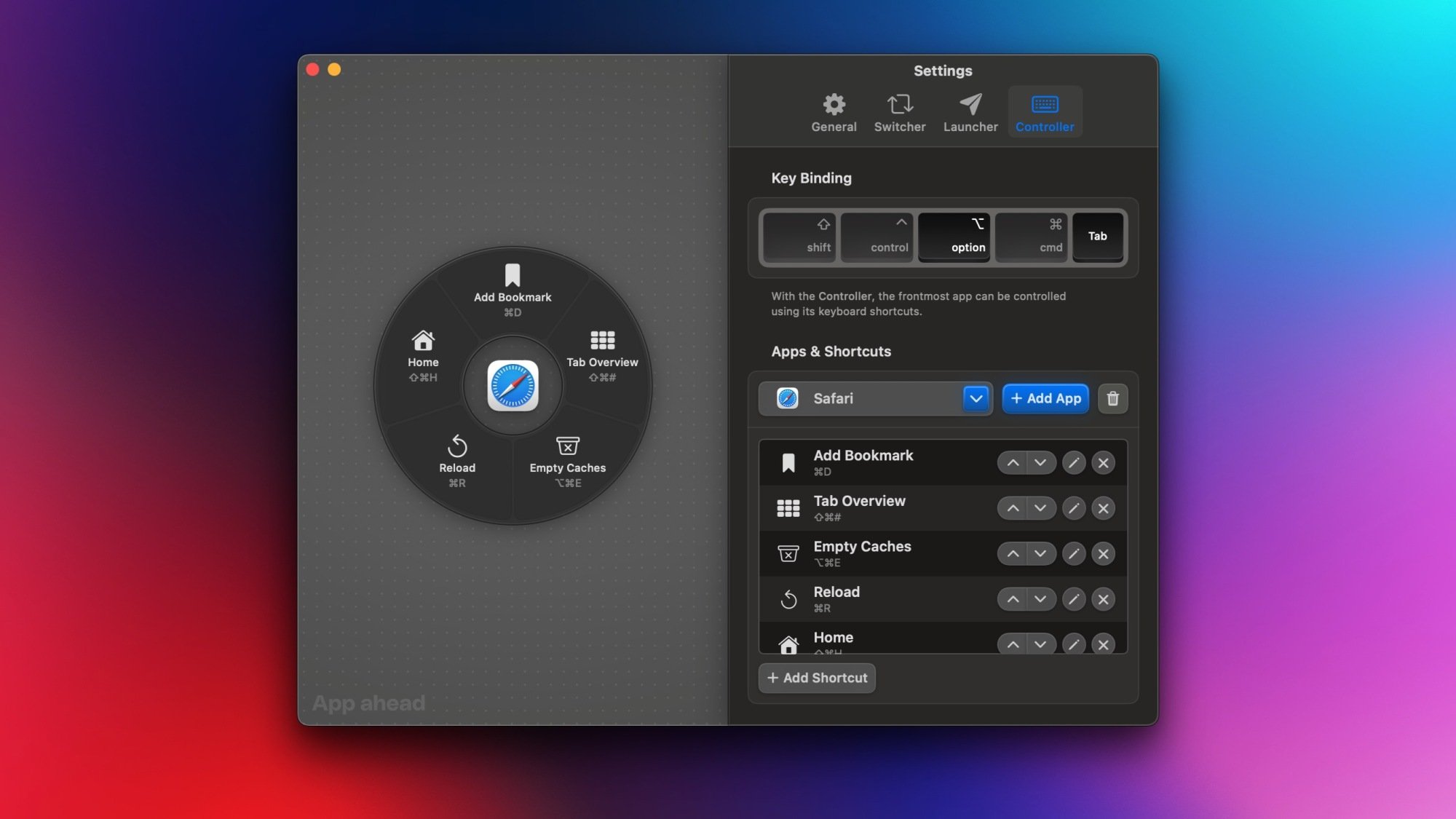 Pieoneer's settings menu, with the Controller tab selected.