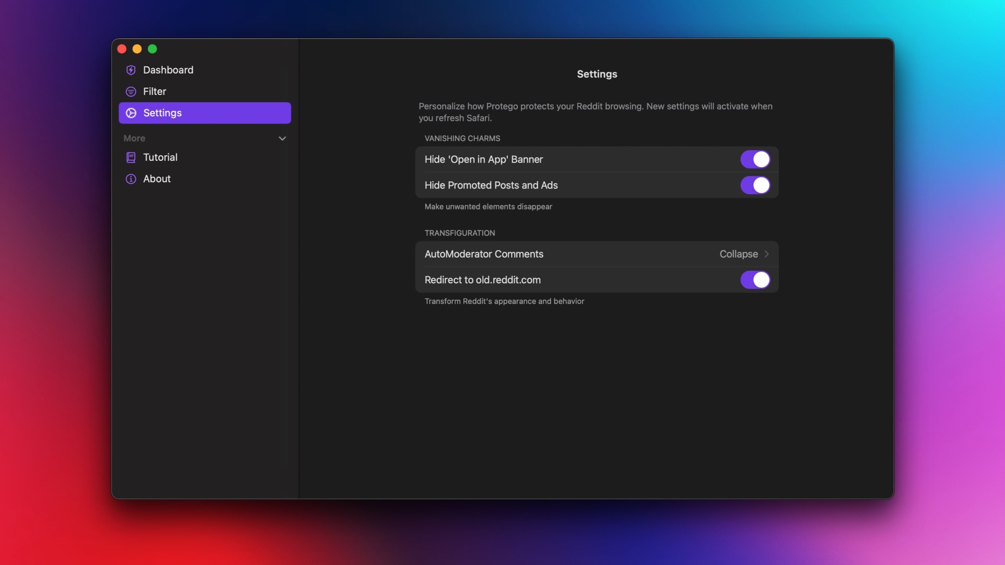 Protego's Settings tab open in its Mac app.