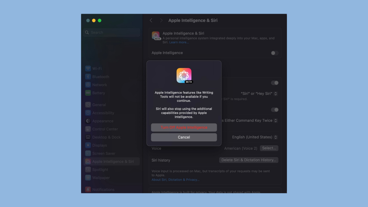 apple intelligence disable settings page