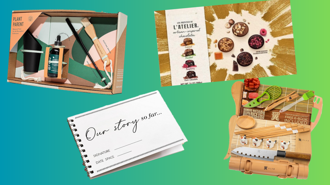 Plant parent starter kit, personalized journal, chocolates, sushi kit from Amazon.