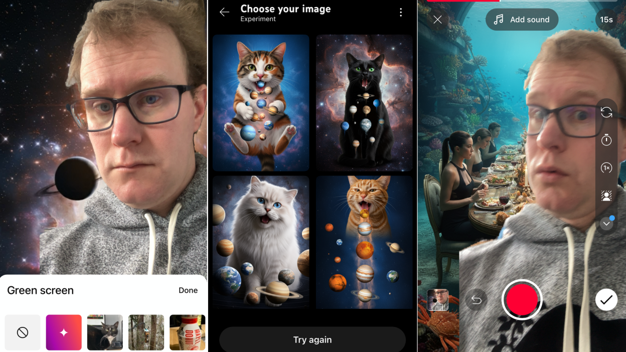 Two pictures of me in front of AI-generated backgrounds—one in space and one at an underwater dinner party