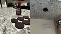 Furniture pads on kitchen counter, with vanilla extract next to them