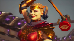 Suicide Squad Kill the Justic League screenshot of Harley Quinn dressed as Wonder Woman and swinging her hammer