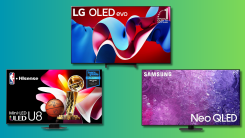 LG 65-Inch Class OLED evo C4, Hisense 65U8N, SAMSUNG 65-Inch Class Neo QLED 4K QN90C on a teal and green background.