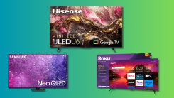 Samsung's QN90C, Roku Plus Series, Hisense TVs on a teal and green background.