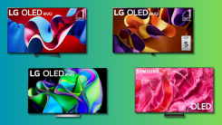 Four OLED TVs on a teal and green background.