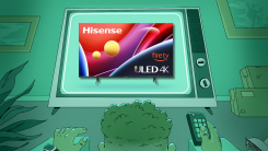 Man watching television screen displaying a Hisense Class U6HF Series Fire TV.
