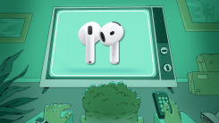 Man watching television screen displaying an Apple AirPods 4.
