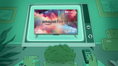 Man watching television screen displaying an Amazon Fire TV 55" Omni QLED Series 4K UHD smart TV.