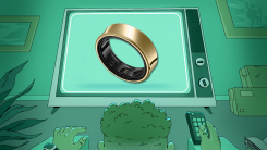 Man watching television screen displaying a Samsung Galaxy Ring.