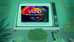 Man watching television screen displaying a Vizio M50QXM-K01 M-Series Quantum X TV.