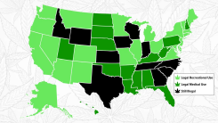 A color-coded map of the US with states shaded in different hues for where recreation and medical cannabis are legal or illegal