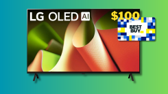 LG 55" Class B4 Series OLED 4K UHD Smart webOS TV on a teal and green gradient background with a $100 Best Buy gift card..