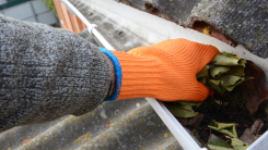 gloved hand cleaning leaves out of dirty gutter