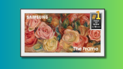 The Frame Samsung Tv on a teal and green background.
