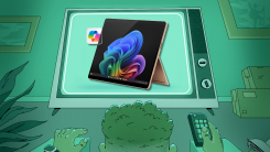 Man watching television screen displaying a Microsoft Surface Pro (2024)