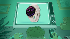 Man watching television screen displaying a Garmin Venu 3S