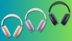 Three AirPods Max on a teal and green background.