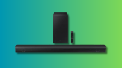 Samsung HW-B650 on a teal and green gradient background.