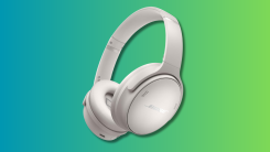 Bose QuietComfort headphones on a teal and green background.