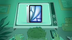 Man watching television screen displaying an iPad Air M2.