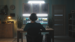A woman sitting in front of two computer monitors in a dark room