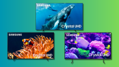 Three Samsung TVs on a green and teal background.