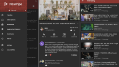 Three screenshots for NewPipe. The center shows a video playing, the left shows the popover sidebar with the Treading, Subscriptions, and Bookmark optoins, among others; the third shows trending videos