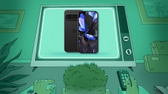 Man watching television screen displaying an Google Pixel 9 Pro.