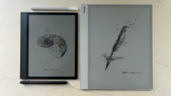 the Boox Note Air 4C and Boox Note Max next to each other on a marble countertop