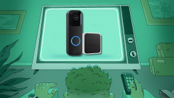 Man watching television screen displaying a Blink Video Doorbell + Sync Module 2.