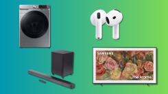 AirPods 4, The Frame, JBL - 5.1-Channel Soundbar, Samsung Washer on a teal and green background.