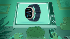 Man watching television screen displaying an Apple Watch Ultra 2.