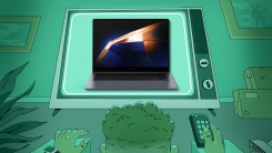 Man watching television screen displaying a Samsung Galaxy Book4 Pro.