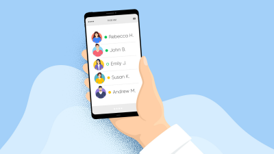 A graphic of a hand holding a phone displaying a contacts list