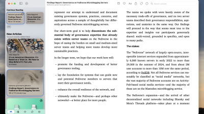 A screenshot of the app. In the left panel is a list of articles; in the right, main panel is the thing I'm currently reading, organized into columns. It's pretty. 
