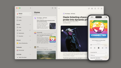 Reeder app showing RSS and Social reading features, along with Podcasts on the Mac and iPhone.
