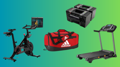 bike, gym bag, dumbbells, treadmill