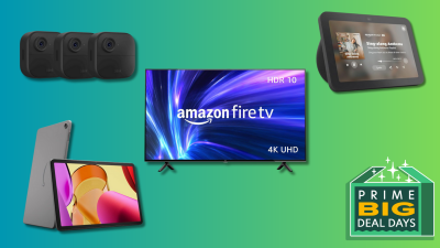 Amazon products on a teal and green background and "Prime Big Deal Days" logo on bottom right.