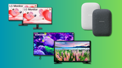LG - 27" IPS 3-Side Borderless FHD 100Hz AMD 100Hz FreeSync Monitor, Google Nest Audio speaker, Samsung - 85” Class DU7200 Series Crystal UHD 4K Smart Tizen TV and 40" Class 5 Series LED Full HD Smart Tizen TV on a teal and green background.