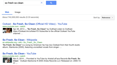 A search for the words "so fresh and so clean" in a custom search engine. There's no clutter at all. 